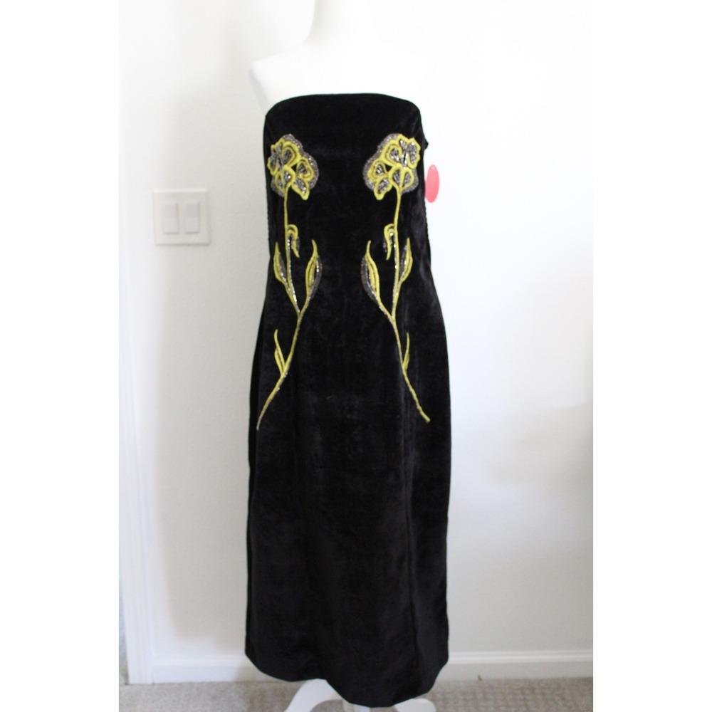 HOPE & IVY Black Velvet Strapless Midi Dress‎ Floral Beaded Embroidery SZ 14